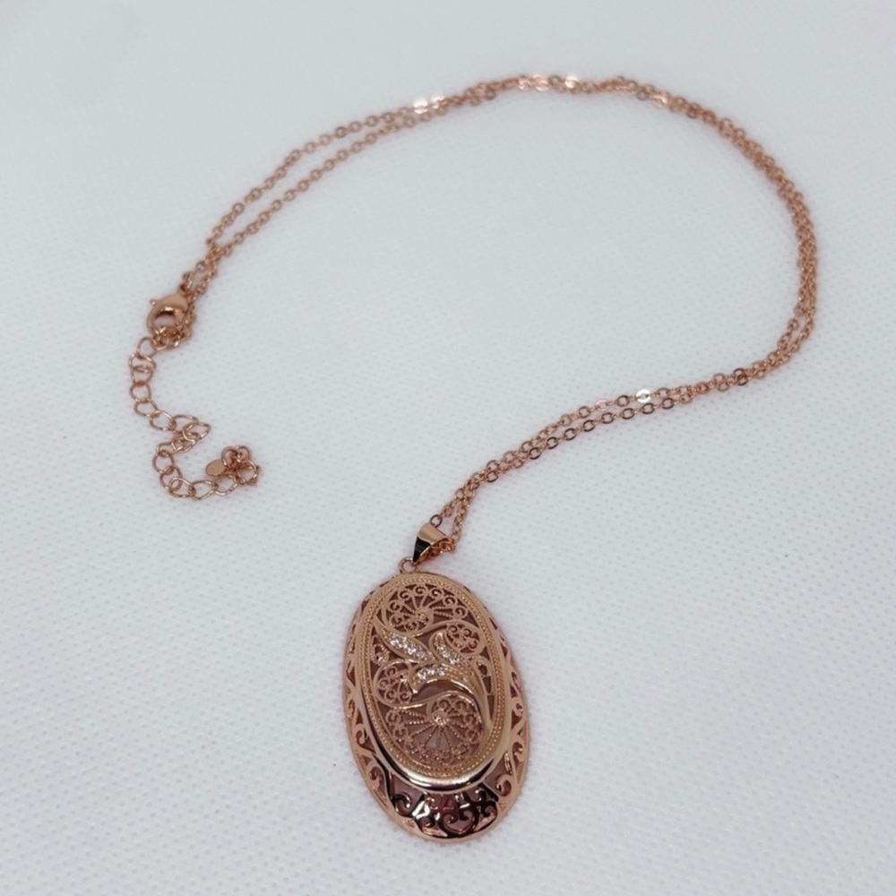 585 Stamped Rose Gold Plated Sterling Silver Vintage Style Oval Zircon Necklace - Picture 9 of 9